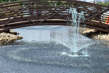 blue fountain and bridge