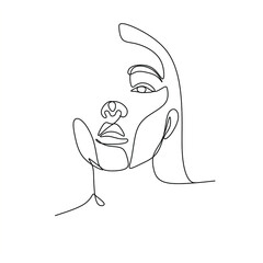 Woman face in single line art style. Continuous one line portrait. Continuous line art Woman face. Elegant minimalistic portrait for prints, tattoos, posters, textiles, postcards. Vector illustration