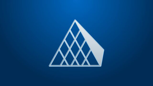 White line Louvre glass pyramid icon isolated on blue background. Louvre museum. 4K Video motion graphic animation