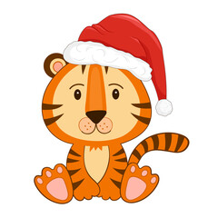 Cute Cartoon Tiger in a red hat on white isolated background. Symbol 2022 year. Flat style.