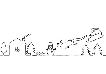 サンタクロースと町の風景　線画イラスト