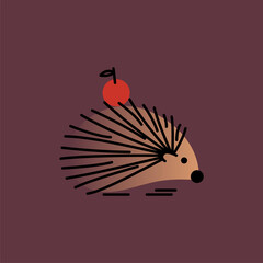 Hedgehog with cherry. Vector composition in outline style