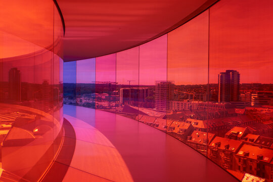 Red City views across Denmark. Minimal Ultramodern Interior, Smart Urban Architecture, Colour Psychology, Functional Design. Business Center, Inspiring Office Space, Event Venue, Art Museum, 