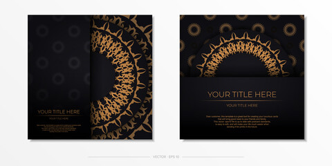 Stylish Vector Print Ready Black Postcard Design with Vintage Patterns. Invitation card template with dewy ornament.