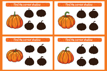 Find correct Pumpkin shadow educational game for kids. Shadow matching activity for children. Preschool puzzle. Educational worksheet. Find correct silhouette game with ripe pumpkins. Premium Vector