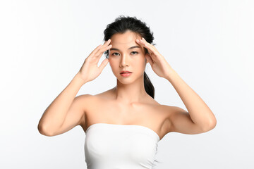 Naklejka premium Beautiful young asian woman with clean fresh skin on white background, Face care, Facial treatment, Cosmetology, beauty and spa, Asian women portrait.
