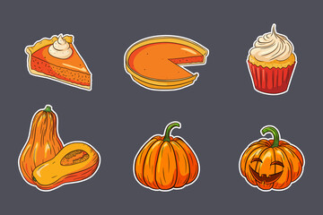 Thanksgiving Food Stickers Set. Fresh ripe pumpkins, pumpkin pies and cupcake. Collection of autumn holiday pumpkin dishes for stickers, invitation, menu and greeting cards decoration. Premium Vector
