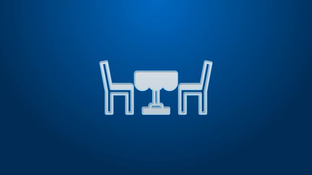 White line French cafe icon isolated on blue background. Street cafe. Table and chairs. 4K Video motion graphic animation