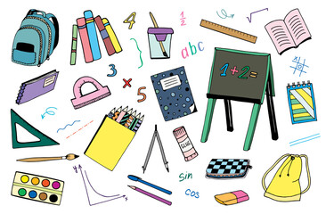 A set of hand-drawn vector school icons. Back to school, education, study