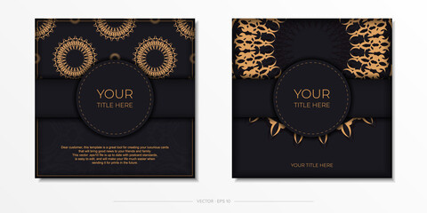 Stylish postcard design in black with monogram patterns. Vector invitation card with dewy ornament.