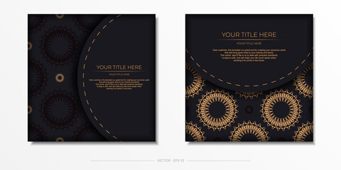 Stylish vector template for print design postcard in black color with monogram ornament. Preparing an invitation with dewy patterns.