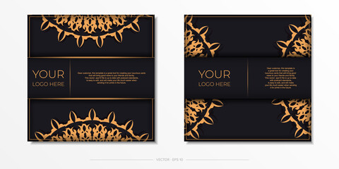Stylish vector postcard design in black color with monogram patterns. Stylish invitation card with dewy ornament.