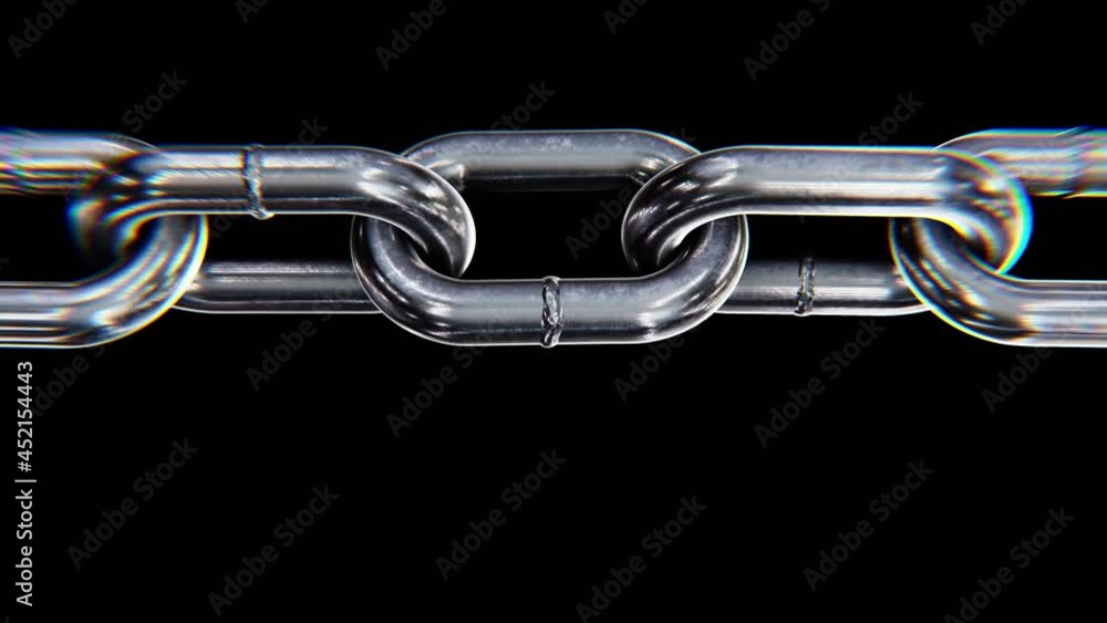 Poster realistic looping 3d animation of the rotating scratched grimy steel chain rendered in uhd