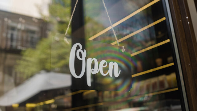 Open Sign Hanging On Door, Beginning Of Work Day, Small Business Development