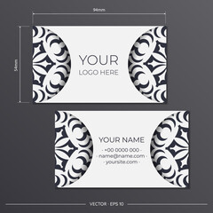 Template for printing design business cards of white color with black patterns. Business card preparation with luxurious ornaments.