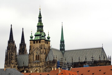 Fototapeta na wymiar Clock tower on St. Vitus Cathedral in Prague Castle, Prague, Czech Republic