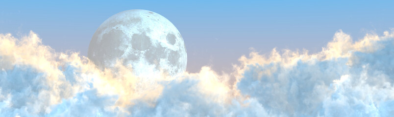 background - panoramic huge cumulus clouds and moon , creative nature 3D illustration