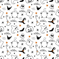 Happy Halloween. Doodle style seamless pattern.
