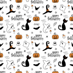 Happy Halloween. Doodle style seamless pattern.
