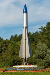 Monument in the form of a rocket at the entrance to the military town of Balabanovo-1, Kaluzhskiy...