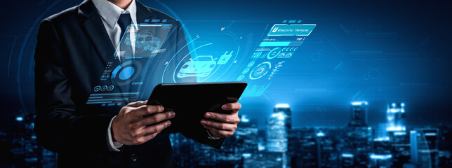 Electric car virtual reality concept with EV charging station for green energy and eco power...