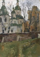 Country landscape painted with oil paints on canvas. Massive huge trees, green grass. Positive color poetic mood. Bright colours foliage. Wide voluminous brush strokes of artist. Abandoned old church