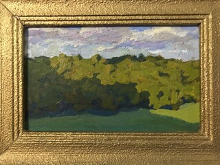 Country landscape painted with oil paints on canvas. Massive huge trees green grass. Positive color poetic mood. Bright colours foliage. Wide voluminous brush strokes of artist. Old style golden frame