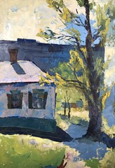 Country landscape painted with oil paints on canvas. Massive huge trees, green grass. Positive color poetic mood. Bright colours foliage. Wide voluminous brush strokes of artist. Old collapsed house