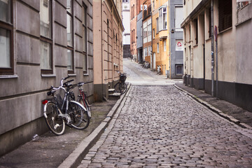 Fototapeta na wymiar Danish street, in the Oslo on a quiet Monday Morning. Denmark Europe.