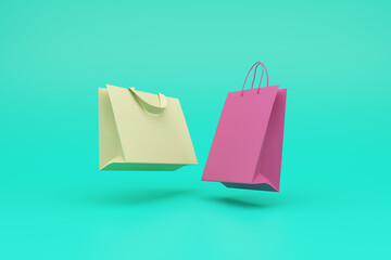 3D neon paper bags on blue background. Online shopping concept. 3d rendering