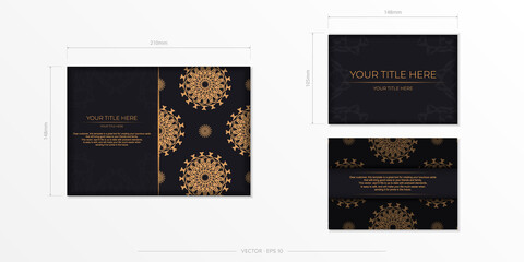 Preparation of invitation card with dewy patterns. Stylish template for print design of a postcard in black color with greek