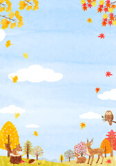 秋の森にいるかわいい動物達の背景素材　手描き水彩画イラスト（縦長）02