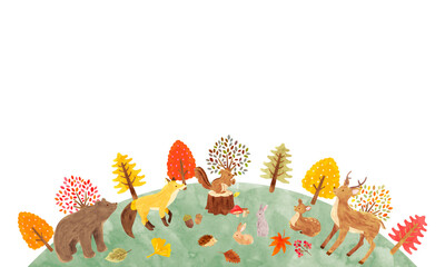 秋の森にいるかわいい動物達の背景素材 手描き水彩画イラスト 横長 03 Acorn Wall Mural Aco Fuwari