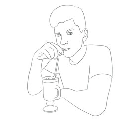 Sketch portrait of a guy who sits at the table and drinks latte through a straw