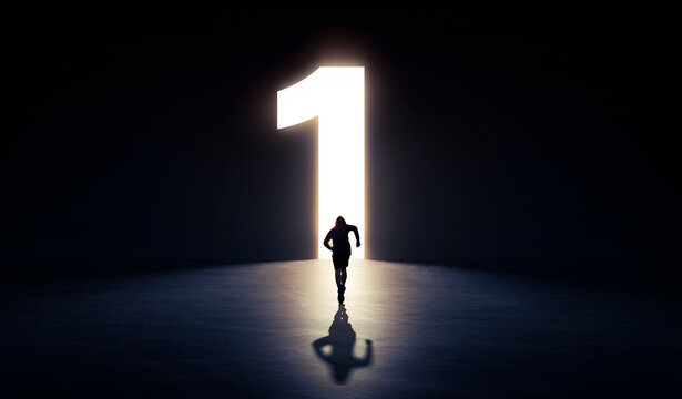 man running to an open door in shape of number one. concept leader winner of business