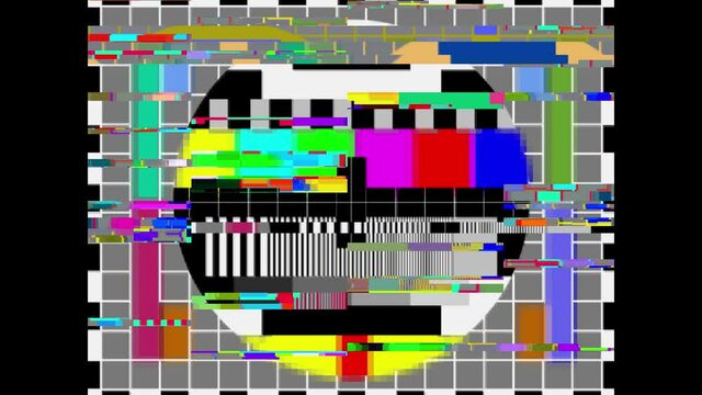 Glitch effect. Retro TV effect. SMPTE color bars with glitch effect. SMPTE color stripe technical problems. Test pattern from a tv transmission with colorful bars. Color Bars data glitches.
