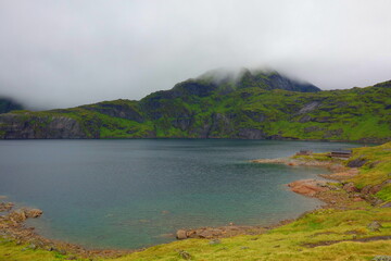 Munkebu hut hiking trail during arctic summer in mountains of Lofoten, Norway