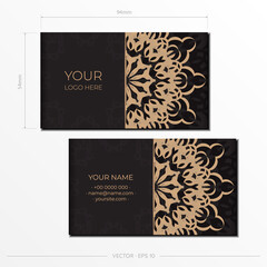 Ready-to-print business card design with vintage patterns. Black business card set with greek ornaments.