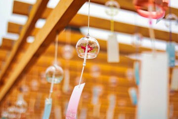 願い事が書いてある風に揺れる沢山の綺麗な風鈴