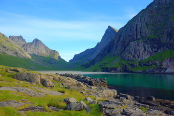 Dramatic mountain landscape at Horseid beach, Lofoten Islands, Nordland, Norway
