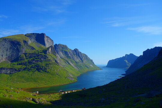 Kjerkfjorden Fjord And Village Aerial View In Reine, Lofoten, Nordland