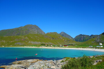 Fototapeta premium Haukland beach aerial view from Mannen summit in Lofoten islands, Norway