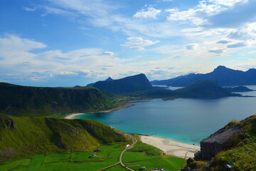 Haukland beach aerial view from Mannen summit in Lofoten islands, Norway