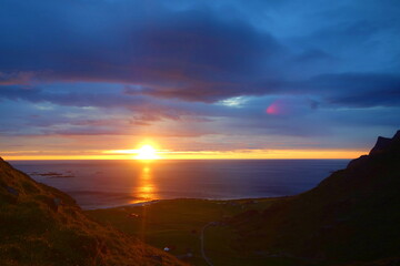 Haukland beach aerial view from Mannen summit in Lofoten islands, Norway, Nordland