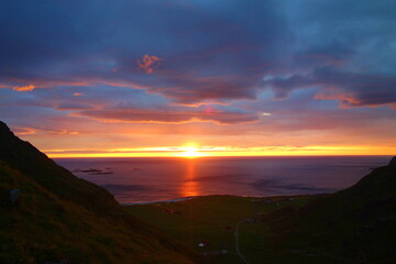 Haukland beach aerial view from Mannen summit in Lofoten islands, Norway, Nordland