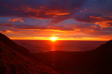 Naklejka premium Haukland beach aerial view from Mannen summit in Lofoten islands, Norway, Nordland