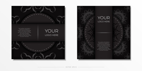 Vector invitation card with vintage ornament. Stylish postcard design in black with greek