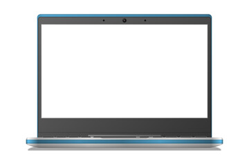Realistic laptop, notebook with blank screen. Isolated on white with shadow. The display is open 90 degrees. Foreground. Modern mobile device.