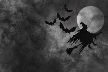 Abstract Halloween background with witch and bats against the dark moon.