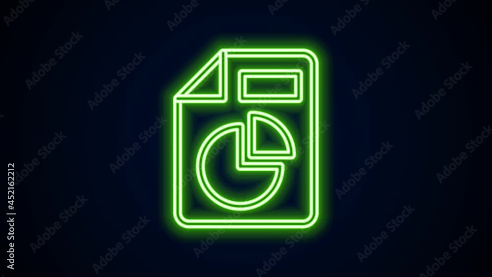 Poster glowing neon line document with graph chart icon isolated on black background. report text file icon